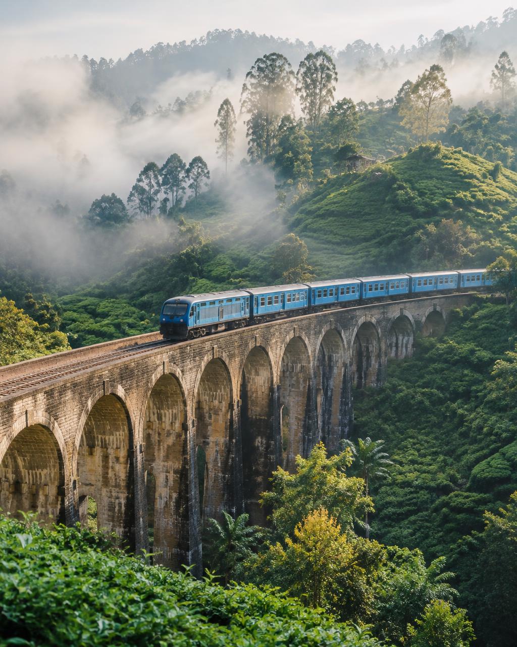 The Nine Arch Bridge in Ella, wrapped in mist and emerald estates.