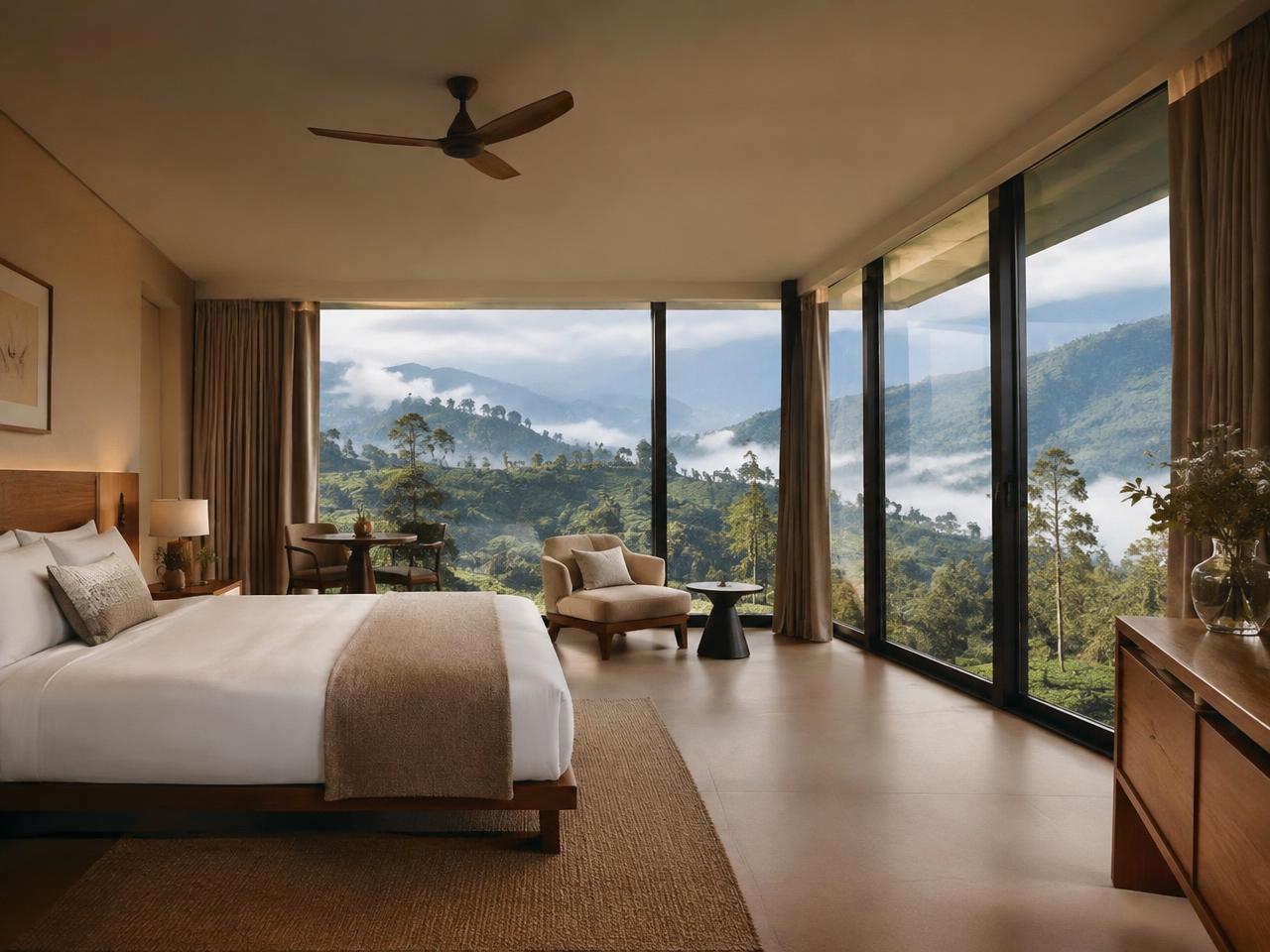 Glass-walled suites overlooking working tea estates in Nuwara Eliya.